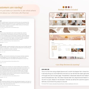 Op de afbeelding: Een screenshot van een website met klantbeoordelingen voor een digitale planner. De beoordelingen zijn positief en benadrukken de functies van de planner, zoals de esthetiek, organisatie en bruikbaarheid. De website bevat ook een sectie die de verschillende beschikbare thema's voor de planner laat zien.