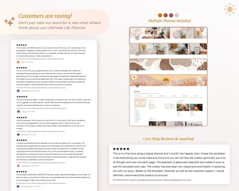 Op de afbeelding: Een screenshot van een website met klantbeoordelingen voor een digitale planner. De beoordelingen zijn positief en benadrukken de functies van de planner, zoals de esthetiek, organisatie en bruikbaarheid. De website bevat ook een sectie die de verschillende beschikbare thema's voor de planner laat zien.