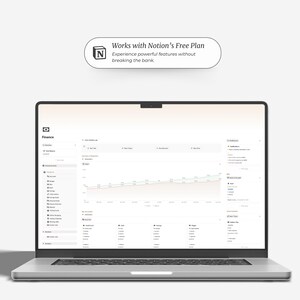 May include: A silver laptop displaying a finance dashboard with a line graph and data tables. The screen shows the text "Works with Notion's Free Plan" and "Experience powerful features without breaking the bank."