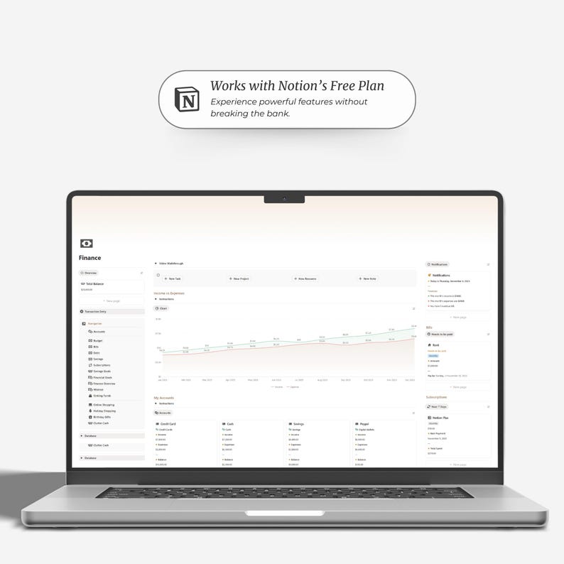 May include: A silver laptop displaying a finance dashboard with a line graph and data tables. The screen shows the text "Works with Notion's Free Plan" and "Experience powerful features without breaking the bank."