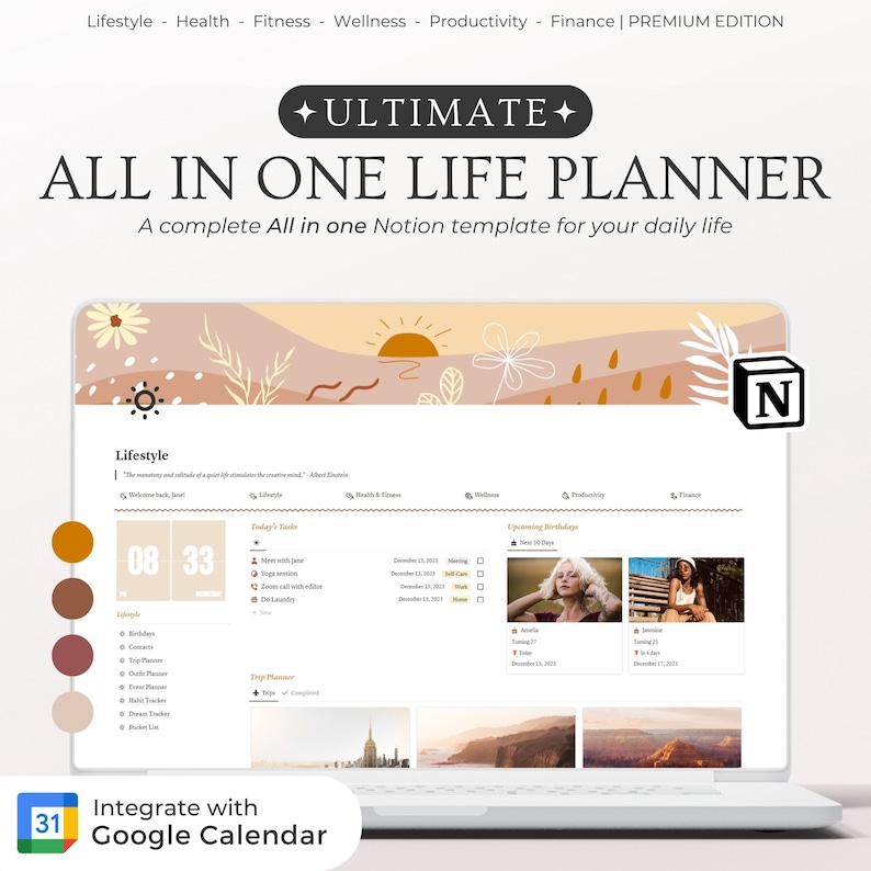 Op de afbeelding: Een laptopscherm dat een Notion-sjabloon voor een levensplanner weergeeft. De sjabloon is onderverdeeld in secties voor levensstijl, gezondheid en fitness, welzijn, productiviteit en financi&euml;n. De sjabloon is ontworpen in een minimalistische stijl met een perzik- en bruine kleurschema. De tekst "ULTIMATE ALL IN ONE LIFE PLANNER" wordt bovenaan het scherm weergegeven. De tekst "Integrate with Google Calendar" wordt onderaan het scherm weergegeven.