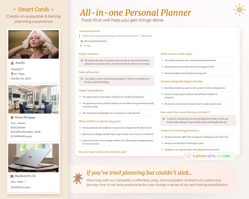 Op de afbeelding: Een printbare planner-sjabloon met een geel en oranje kleurenschema. De sjabloon bevat secties voor dankbaarheid, dagelijkse affirmaties en doelen. De tekst "Als je hebt geprobeerd te plannen maar er niet aan kon blijven..." staat in de rechterbenedenhoek.