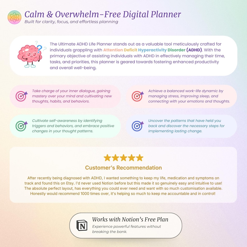 ADHD Notion Life Planner | ADHD Notion Template, ADHD Notion, Notion Dashboard, All in one Notion Template, Personal Planner for Notion afbeelding 2