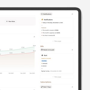May include: A digital tablet displaying a financial management app interface. The screen shows notifications, income, expenses, and overdue bills. A graph illustrates financial trends, and a section details a rent payment of $1,000.00.