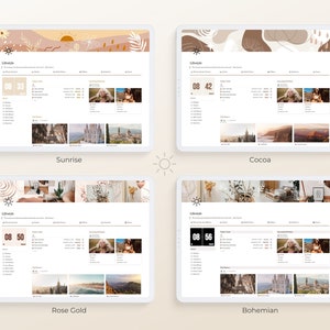 Op de afbeelding: Vier verschillende digitale plannerontwerpen met een verscheidenheid aan kleurenschema's en achtergronden. De ontwerpen omvatten een zonsopgang-, cacao-, roosgoud- en bohemian-thema. Elk ontwerp heeft een digitale klok, een takenlijst en een kalender.