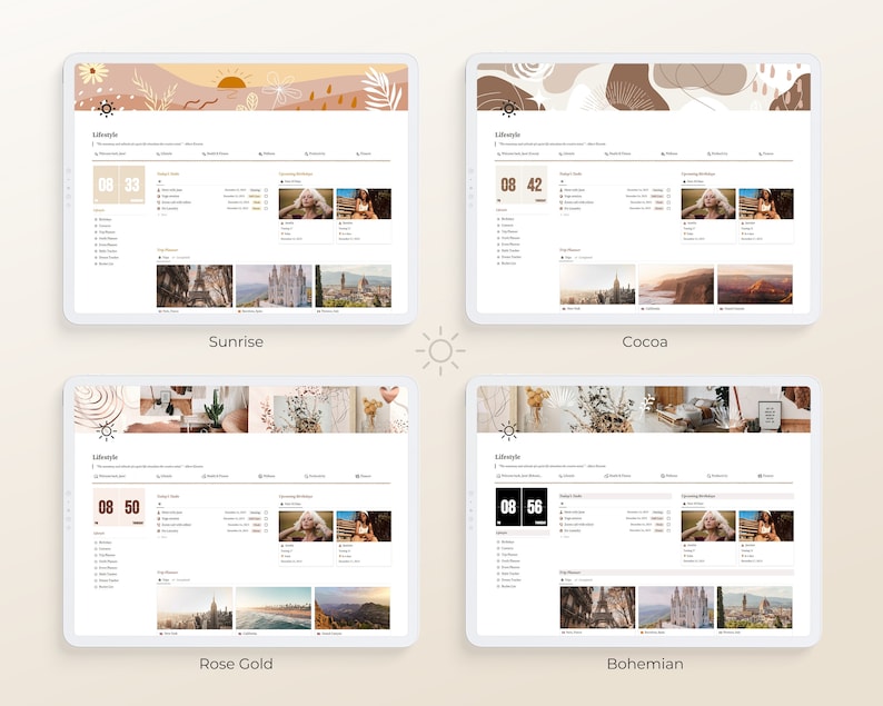 Op de afbeelding: Vier verschillende digitale plannerontwerpen met een verscheidenheid aan kleurenschema's en achtergronden. De ontwerpen omvatten een zonsopgang-, cacao-, roosgoud- en bohemian-thema. Elk ontwerp heeft een digitale klok, een takenlijst en een kalender.