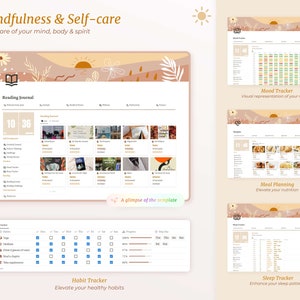 Op de afbeelding: Een digitale planner-sjabloon met een lichtbruine achtergrond en illustraties van bloemen, bladeren en een zonsondergang. De sjabloon bevat secties voor een leesdagboek, een stemmingstracker, maaltijdplanning, een gewoontetracker en een slaaptracker. De tekst "Mindfulness & Self-care" staat bovenaan de pagina.