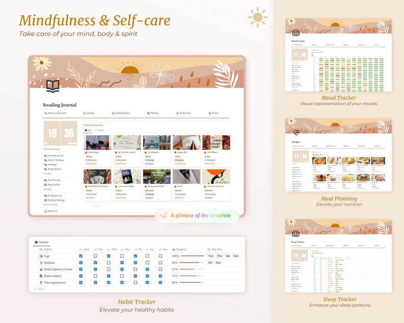 Op de afbeelding: Een digitale planner-sjabloon met een lichtbruine achtergrond en illustraties van bloemen, bladeren en een zonsondergang. De sjabloon bevat secties voor een leesdagboek, een stemmingstracker, maaltijdplanning, een gewoontetracker en een slaaptracker. De tekst "Mindfulness & Self-care" staat bovenaan de pagina.
