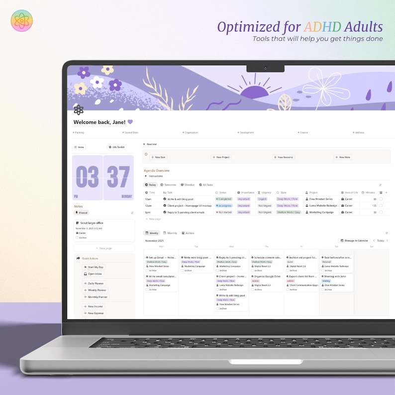 ADHD Notion Life Planner | ADHD Notion Template, ADHD Notion, Notion Dashboard, All in one Notion Template, Personal Planner for Notion afbeelding 3