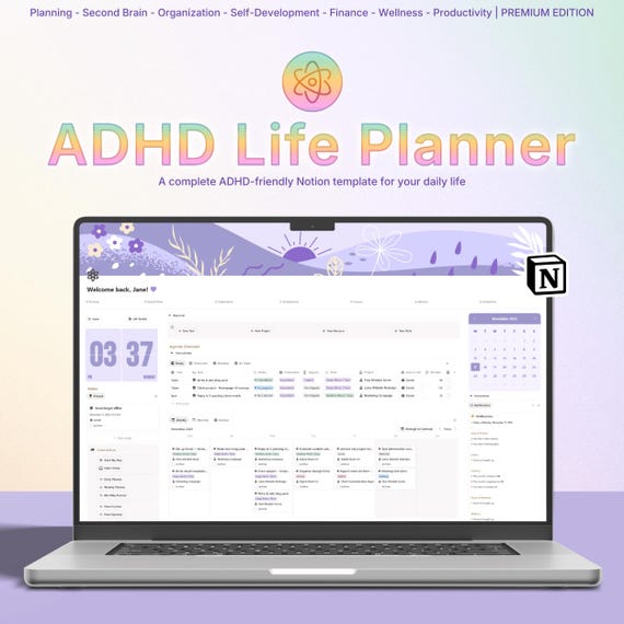 ADHD Notion Life Planner | ADHD Notion Template, ADHD Notion, Notion Dashboard, All in one Notion Template, Personal Planner for Notion