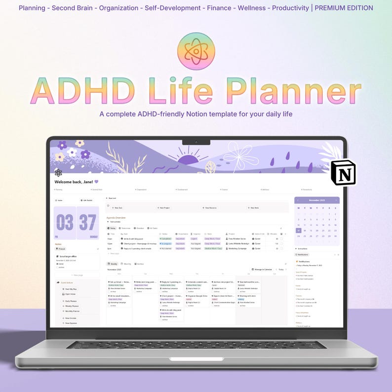 ADHD Notion Life Planner | ADHD Notion Template, ADHD Notion, Notion Dashboard, All in one Notion Template, Personal Planner for Notion afbeelding 1