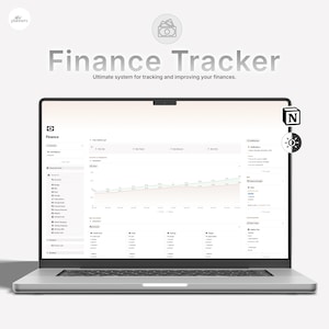 May include: A silver laptop displays a finance tracker interface. The screen shows a graph and data tables, with the words "Finance Tracker" and "Ultimate system for tracking and improving your finances."