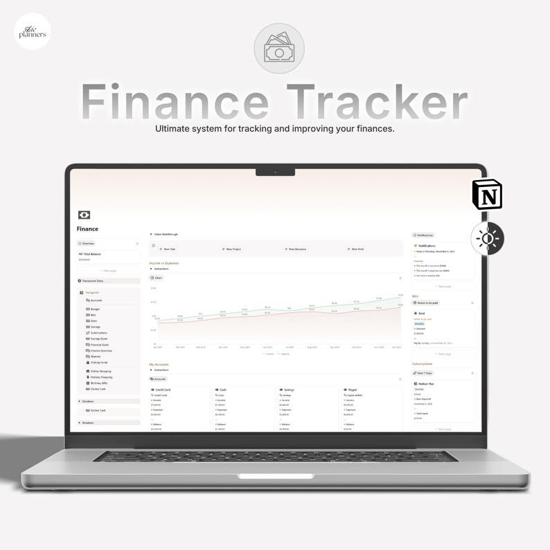 May include: A silver laptop displays a finance tracker interface. The screen shows a graph and data tables, with the words "Finance Tracker" and "Ultimate system for tracking and improving your finances."