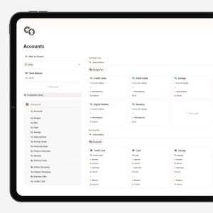 May include: A digital tablet displaying a financial dashboard with account summaries. The screen shows categories like credit cards, debit cards, and savings, along with transaction details and balances. The interface is clean and modern.