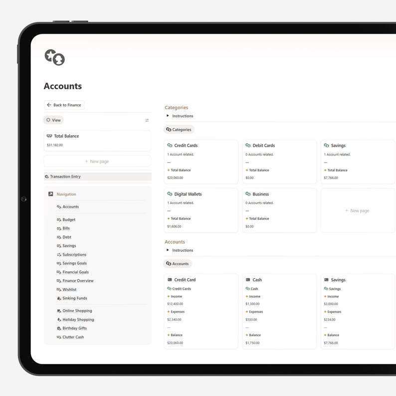 May include: A digital tablet displaying a financial dashboard with account summaries. The screen shows categories like credit cards, debit cards, and savings, along with transaction details and balances. The interface is clean and modern.
