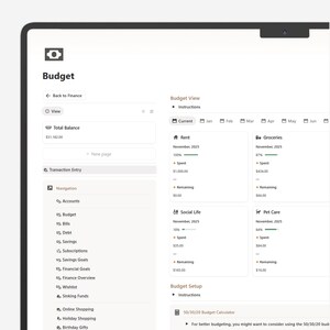May include: A digital budget interface displayed on a tablet. The screen shows financial categories like rent, groceries, and social life, with spending percentages and amounts. The interface includes navigation options and a total balance.