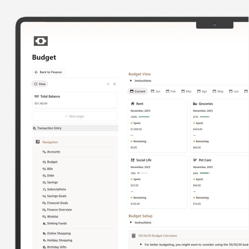 May include: A digital budget interface displayed on a tablet. The screen shows financial categories like rent, groceries, and social life, with spending percentages and amounts. The interface includes navigation options and a total balance.