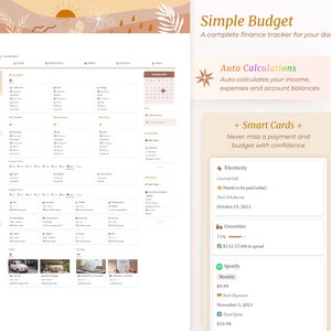 Op de afbeelding: Een digitale budgettracker met een eenvoudig ontwerp. Het scherm toont een kalender, een lijst met uitgaven en een sectie voor slimme kaarten. De tekst "Simple Budget" staat bovenaan het scherm. De tekst "Auto Calculations" staat onder de titel. De tekst "Smart Cards" staat in het midden van het scherm. De tekst "Electricity" staat bovenaan de sectie voor slimme kaarten. De tekst "Groceries" staat onder de sectie "Electricity". De tekst "Spotify" staat onder de sectie "Groceries".