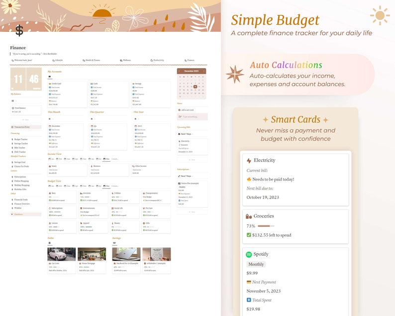 Op de afbeelding: Een digitale budgettracker met een eenvoudig ontwerp. Het scherm toont een kalender, een lijst met uitgaven en een sectie voor slimme kaarten. De tekst "Simple Budget" staat bovenaan het scherm. De tekst "Auto Calculations" staat onder de titel. De tekst "Smart Cards" staat in het midden van het scherm. De tekst "Electricity" staat bovenaan de sectie voor slimme kaarten. De tekst "Groceries" staat onder de sectie "Electricity". De tekst "Spotify" staat onder de sectie "Groceries".
