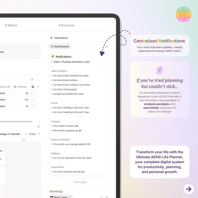 ADHD Notion Life Planner | ADHD Notion Template, ADHD Notion, Notion Dashboard, All in one Notion Template, Personal Planner for Notion afbeelding 4