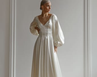 Simple wedding dress long sleeve, Satin wedding dress, Open back wedding dress, Silk wedding dress, Modest wedding dress