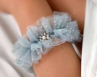 Bridal garter with tulle, Blue wedding garter, Gray wedding garter, Tulle garter, Lace bridal garter, white wedding garter embroidered