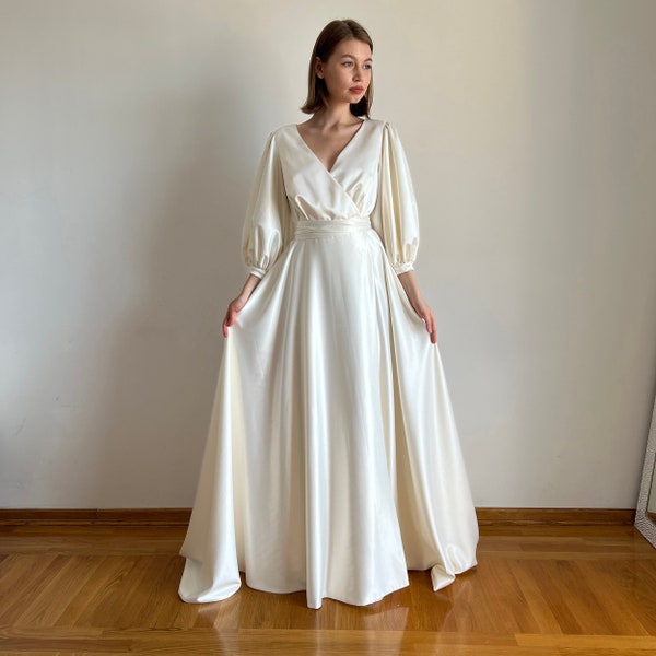 Ivory wedding dress, Sleeved wedding dress, Elegant wedding dress, Satin wedding dress, Minimalist wedding dress, Reception wedding dress