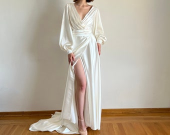 Satin wedding dress, Silk wedding dress, White wedding dress, Minimalist wedding dress, Casual wedding dress, Satin wedding dress