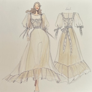 Fashion illustration, Wedding dress sketch, Wedding dress designer, Custom wedding illustration, Watercolor illustration