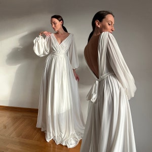 Long sleeve wedding dress, Satin wedding dress, Beach wedding dress, Silk wedding dress, Sexy wedding dress, Simple wedding dress