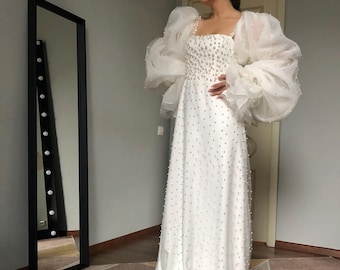 Pearl Beaded Wedding Dress with Voluminous Sleeves