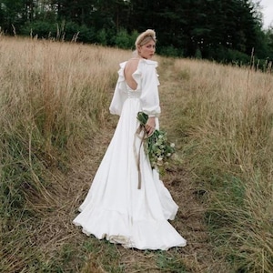 Silk wedding dress long sleeve, Puff sleeve satin bridal gown