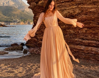 Pink wedding dress, Blush wedding dress, Chiffon wedding dress Bohemian wedding dress, Romantic wedding dress, Flowy wedding dress