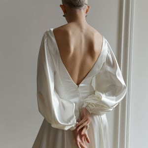 Long sleeve wedding dress open back, Ivory satin bridal gown puff sleeve