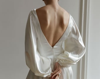 Long sleeve wedding dress, Satin wedding dress, Simple wedding dress, Open back wedding dress, Elopement dress, Minimalist wedding dress