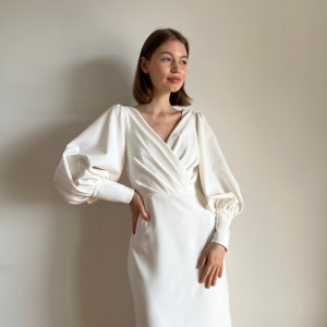 Tea lenght wedding dress, Simple wedding dress, Crepe wedding dress, Long sleeve wedding dress, Elopement dress, Summer wedding dress