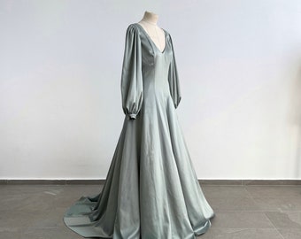 Grünes Brautkleid, Seidenhochzeitskleid, Satinhochzeitskleid, Hochzeitskleid nach Maß, Hochzeitskleid lang, Einzigartiges Hochzeitskleid