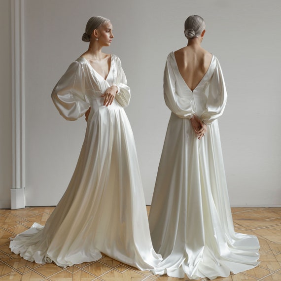 Simple Design A-line Satin Wedding Dresses, Long Sleeves Wedding Dresses Simple Design A-line Satin Wedding Dresses, Long Sleeves Wedding Dresses