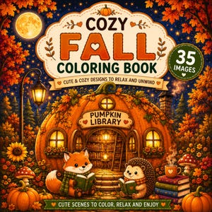 Puede incluir: Una portada de libro para colorear titulada COZY FALL COLORING BOOK con 35 IMAGES. La ilustración muestra una biblioteca con forma de calabaza, un zorro y un erizo leyendo, árboles otoñales, una luna llena, girasoles y setas en tonos naranjas.