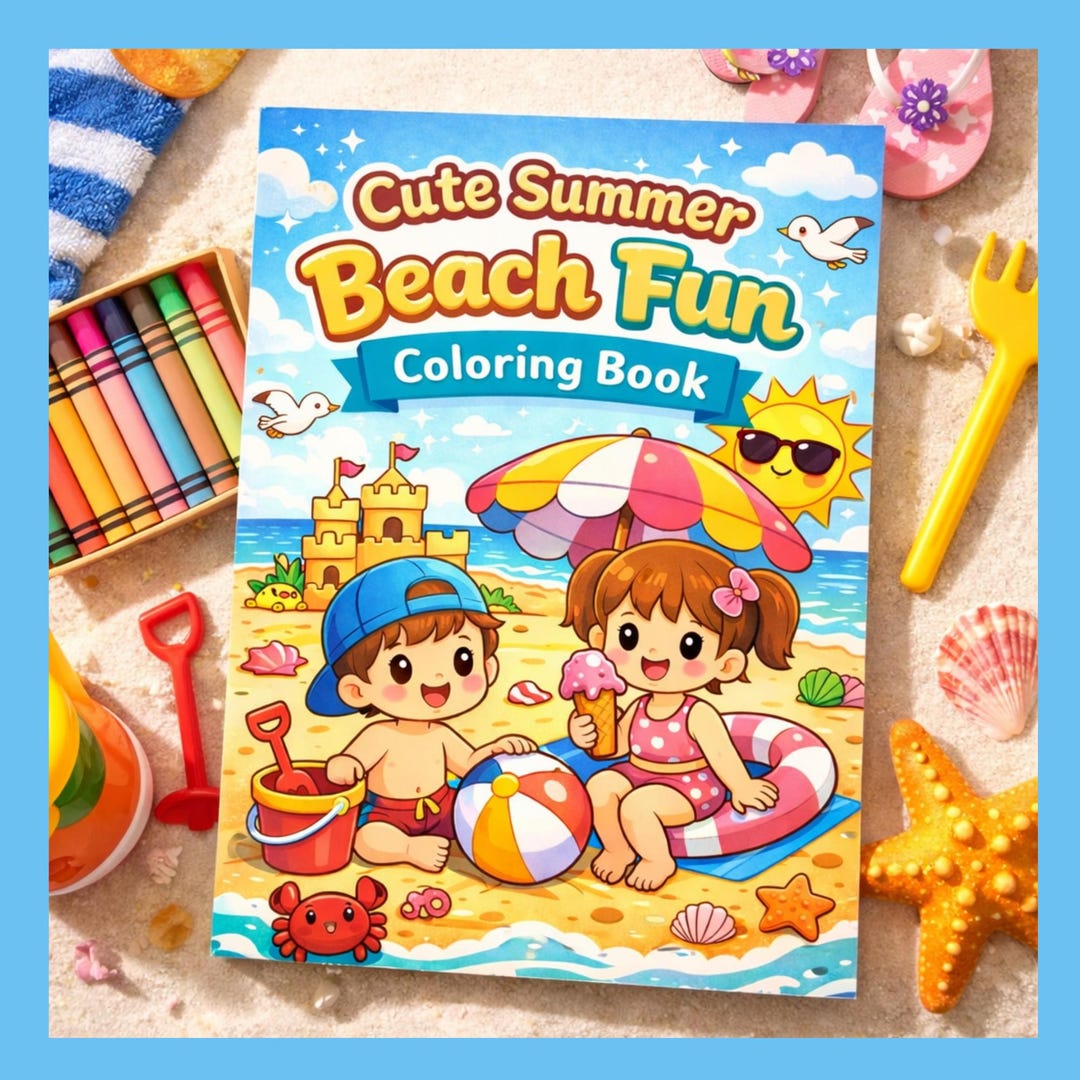 Summer Beach Coloring Book for Kids, Kawaii Ocean Fun Printable PDF (35 ...