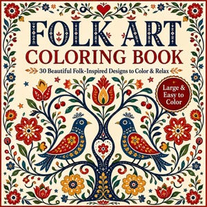 May include: A square coloring book with a cream background featuring the text FOLK ART COLORING BOOK and 30 Beautiful Folk-Inspired Designs to Color & Relax. The cover displays two blue birds, red and yellow flowers, and green leaves.