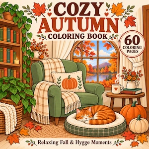 May include: A colouring book titled COZY AUTUMN COLOURING BOOK with 60 colouring pages. The cover illustration features a green armchair with a plaid throw, a pumpkin pillow, a sleeping orange cat, pumpkins, and a bookshelf in an autumn setting.