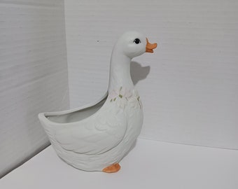 Bisque White Duck Planter with Pastel Pink and Yellow Daisies from Mexico