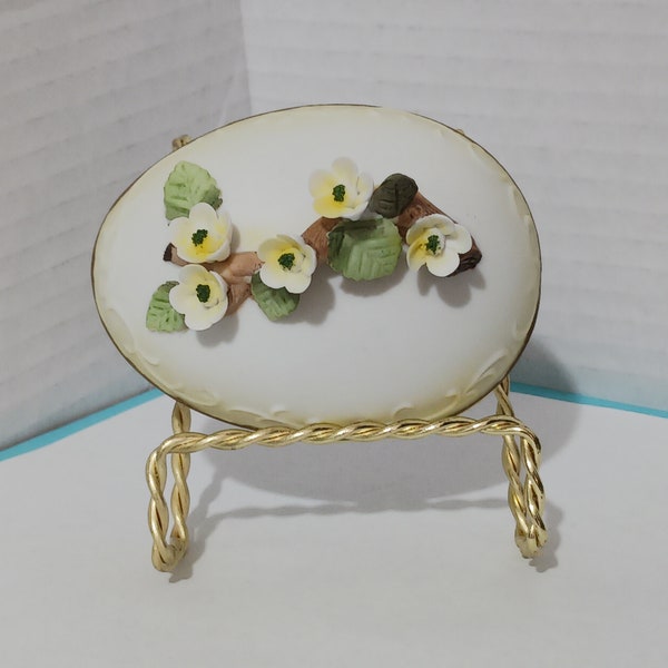 Lefton China Hand-Painted Porcelain Egg-Shaped Trinket Box with Porcelain Flowers Attached