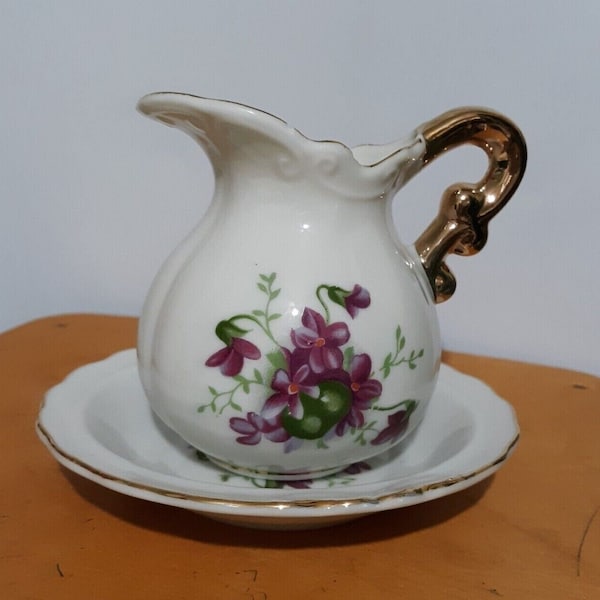 Vintage Porcelain Pitcher and Bowl Featuring Violets and Gold Trim Japan