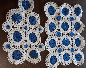 A Set of 2 Hand Crocheted Doilies in Blue and White