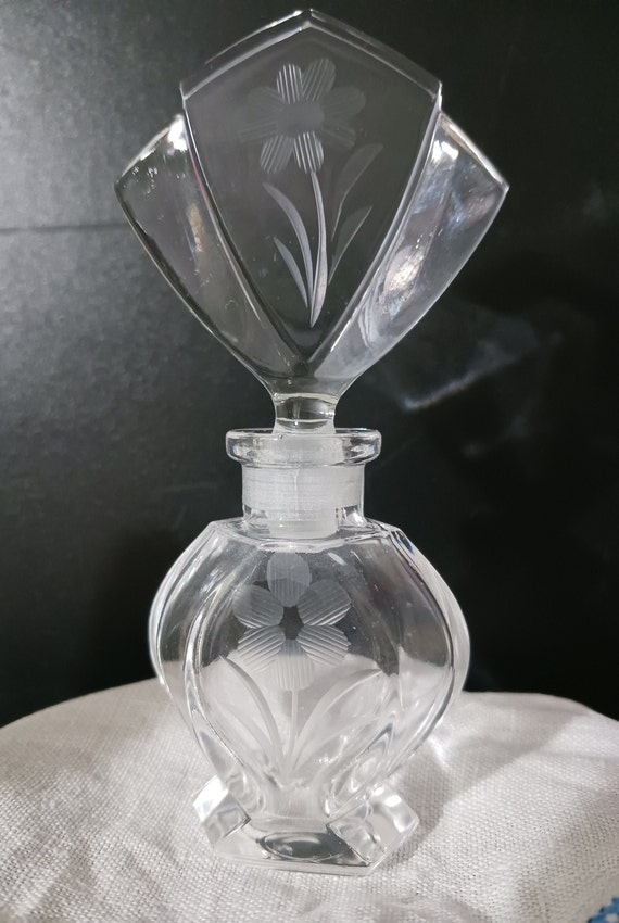PERFUME BOTTLE Clear Glass with Etched Flowers - image 3