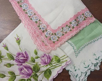 3 vintage cotton floral hankies. AS IS see description