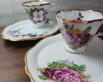 Windsor china clematis or rose pattern snack set