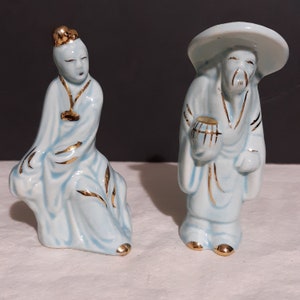 Vintage Asian Man & Woman Salt and Pepper Shakers: Blue and Gold Decor (No Stoppers)